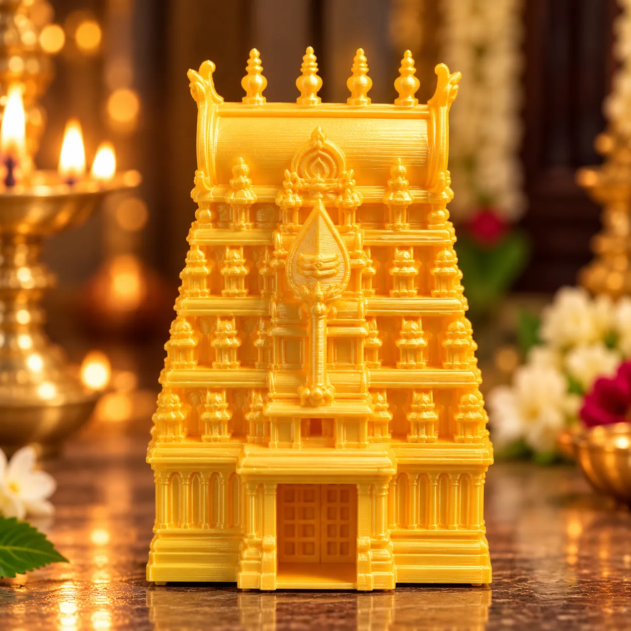 Gold 3D printed temple gopuram kumkum box with Lord Murugan at the entrance